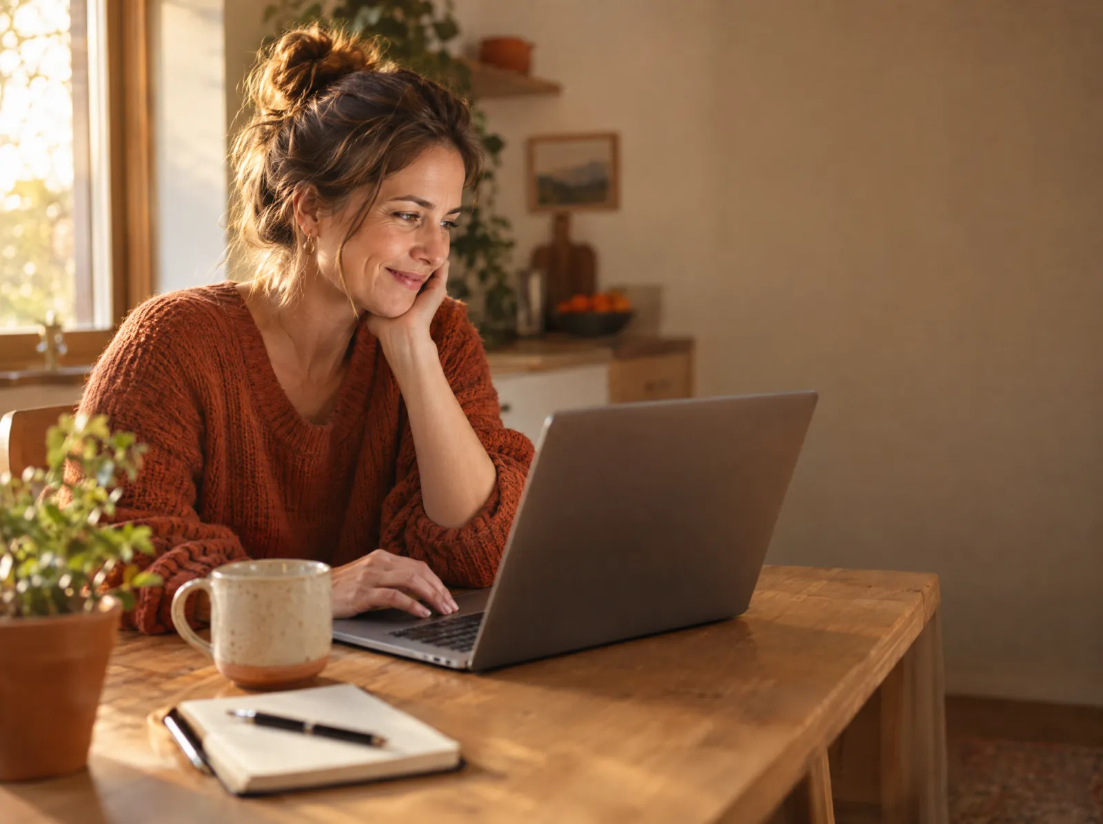 Frau am Küchentisch liest eine Chat-Antwort am Laptop