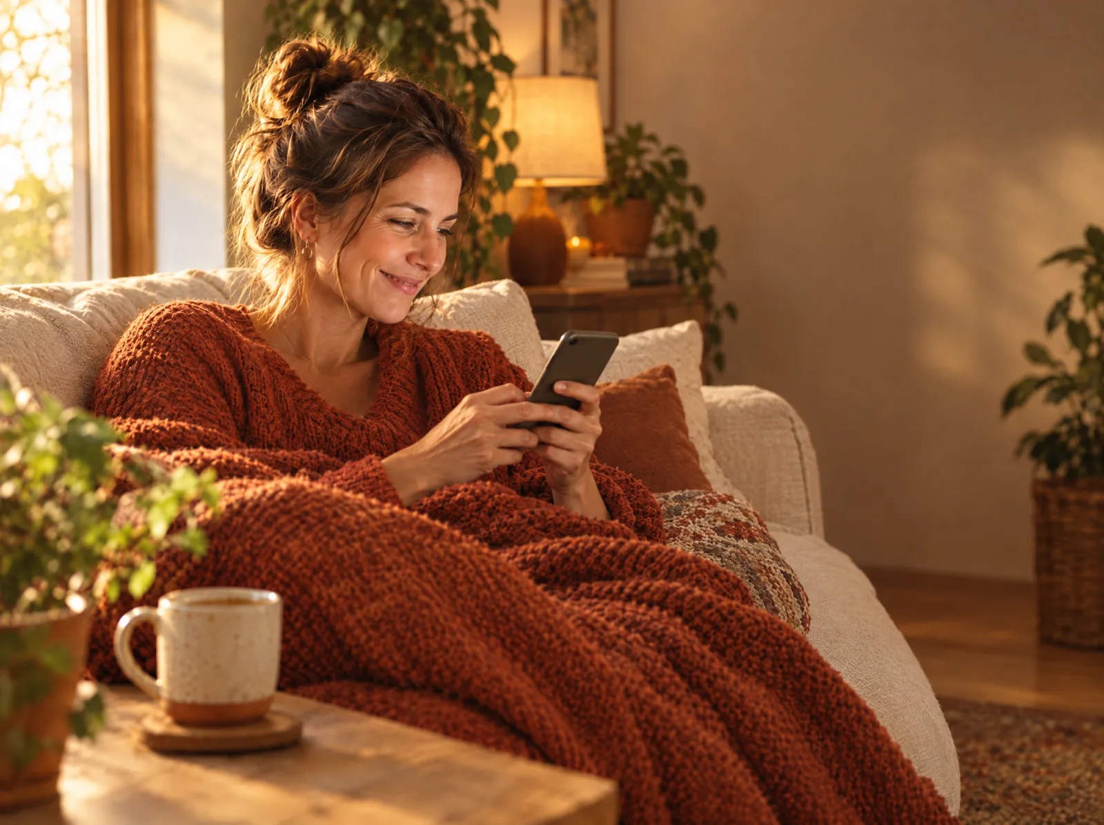 Frau auf dem Sofa beantwortet eine Chat-Nachricht am Handy
