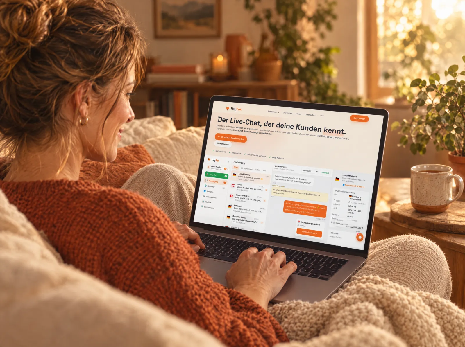 Frau auf dem Sofa geht abends ihre Chat-Gespräche am Laptop durch