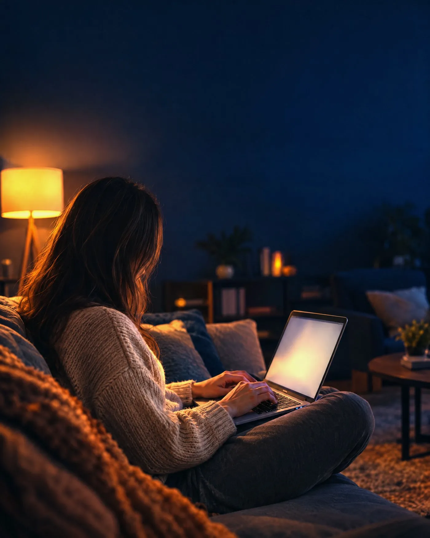 Frau auf dem Sofa schreibt am Laptop