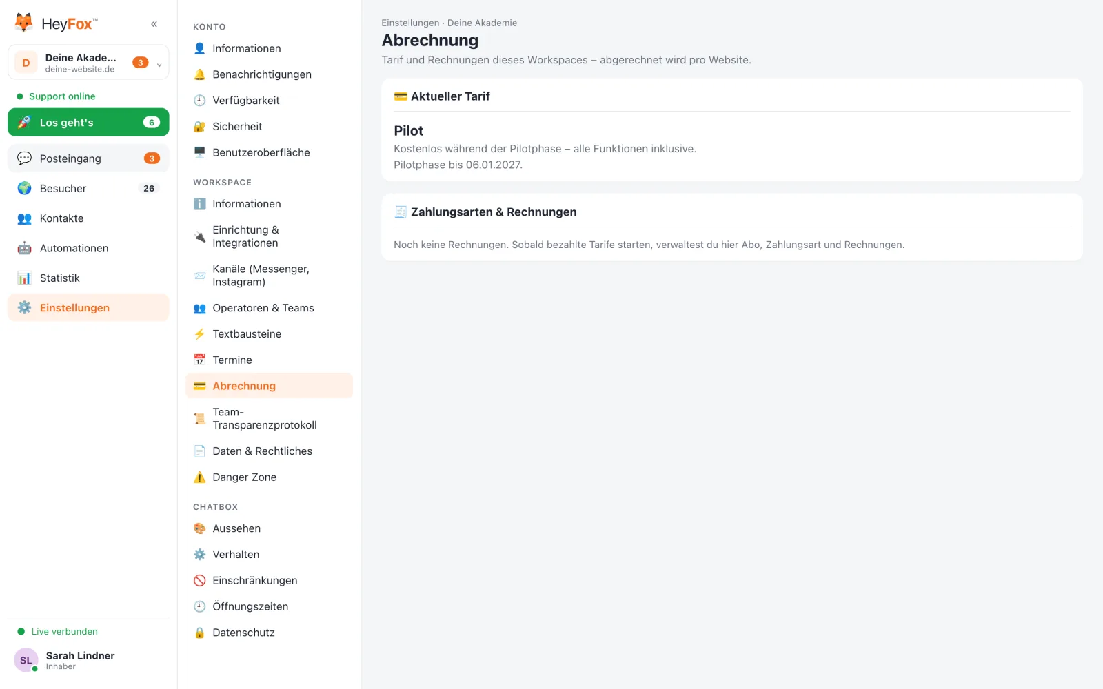 HeyFox: Abrechnung mit aktuellem Tarif