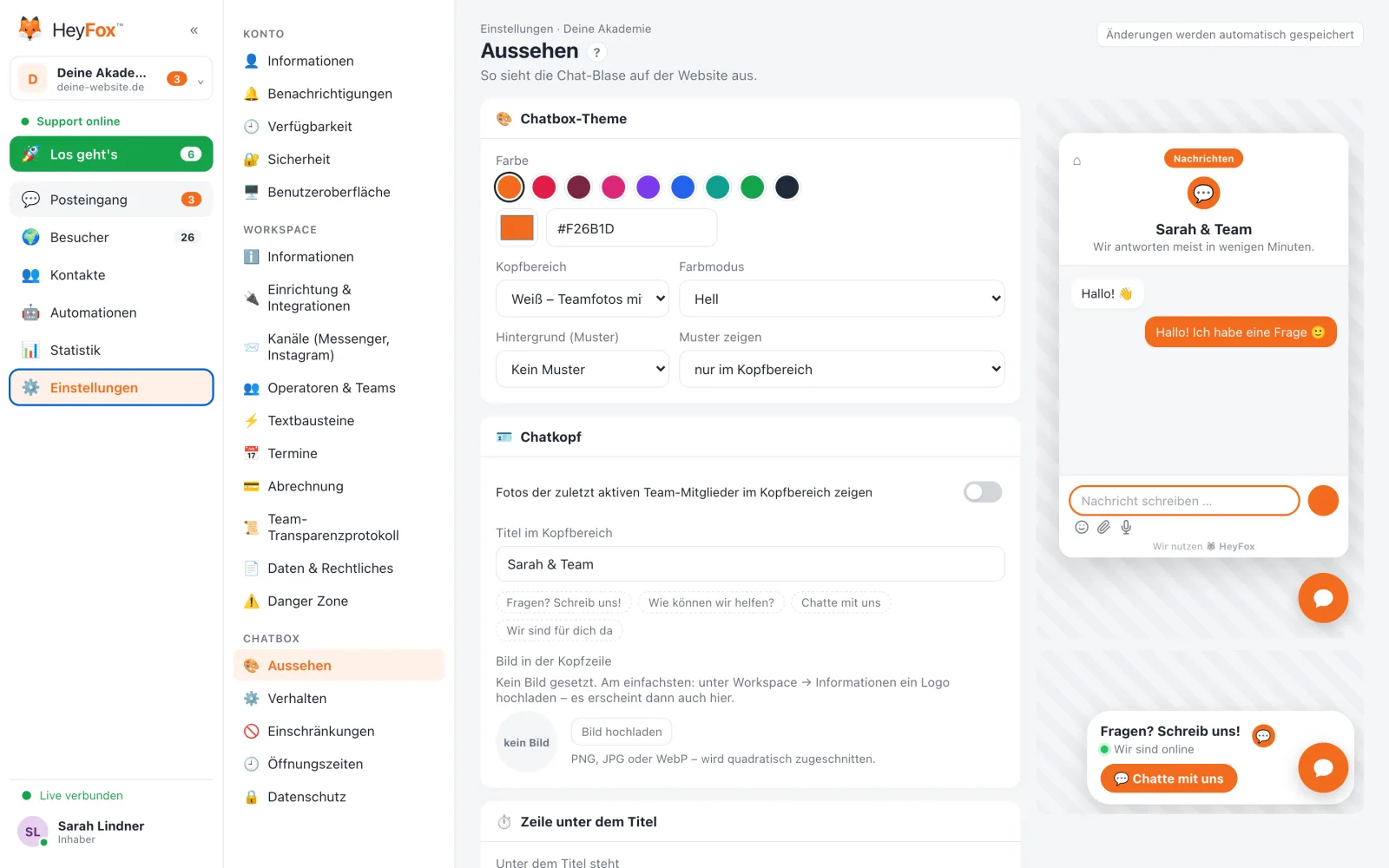 HeyFox: Aussehen mit Vorschau des Chatfensters