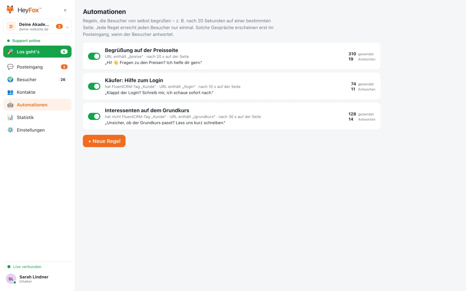 HeyFox: Automationen mit Anzahl gesendet und Antworten
