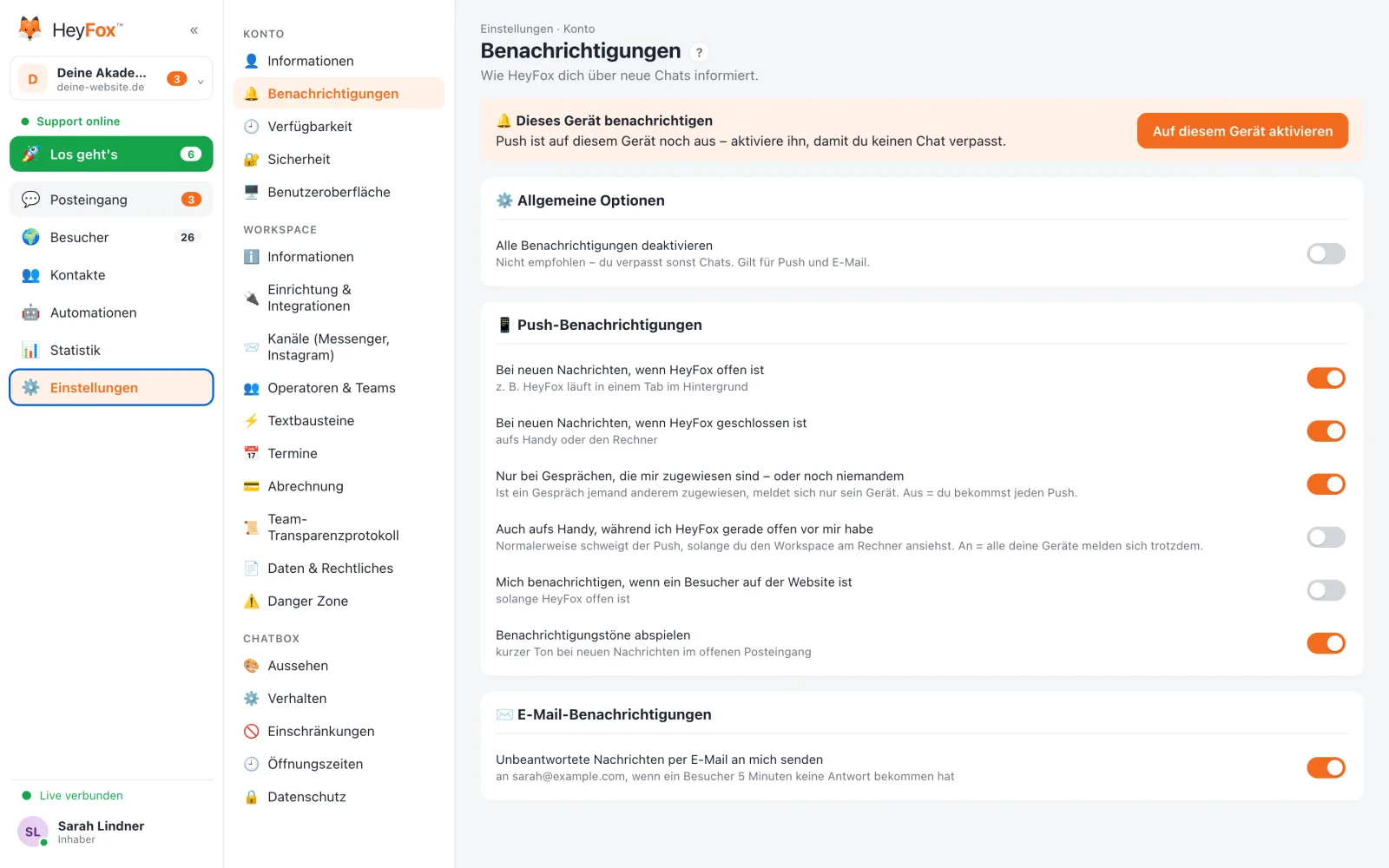 HeyFox: Benachrichtigungen: Push und E-Mail