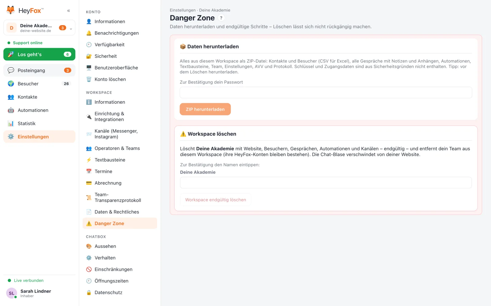 HeyFox: Danger Zone: Workspace löschen