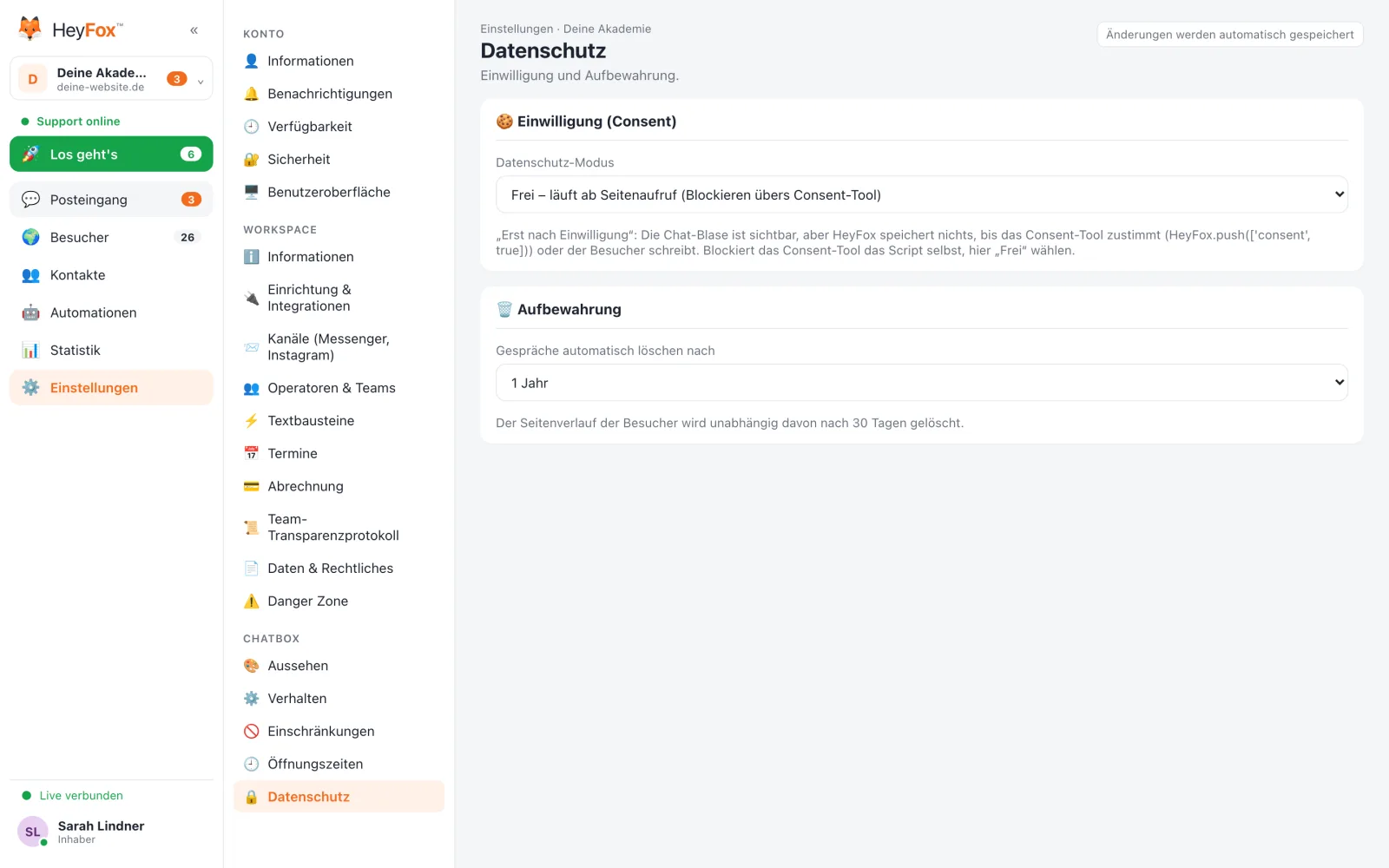 HeyFox: Datenschutz: Einwilligung und Aufbewahrung