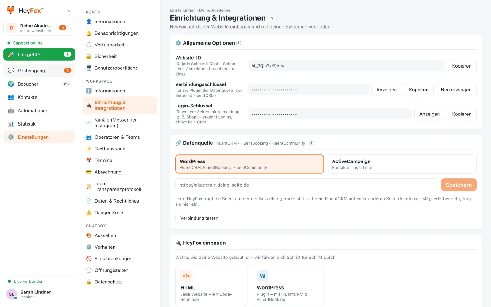 HeyFox: Einrichtung & Integrationen: Website-ID, Schlüssel und Datenquelle