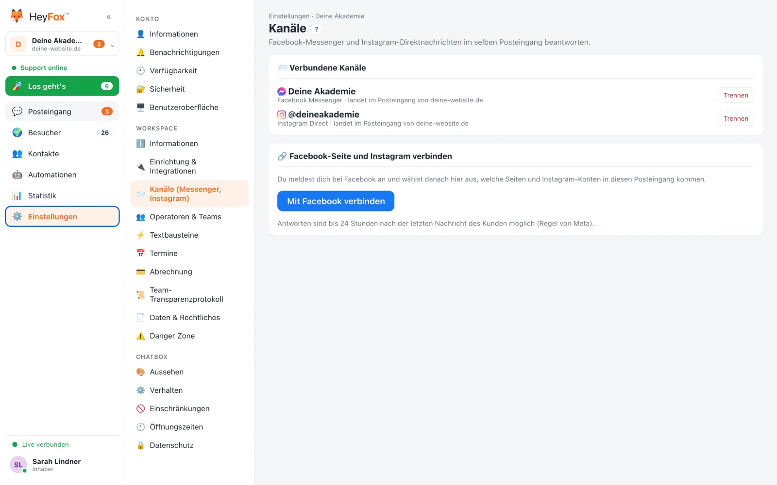 HeyFox: Verbundene Kanäle: eine Facebook-Seite und ein Instagram-Konto
