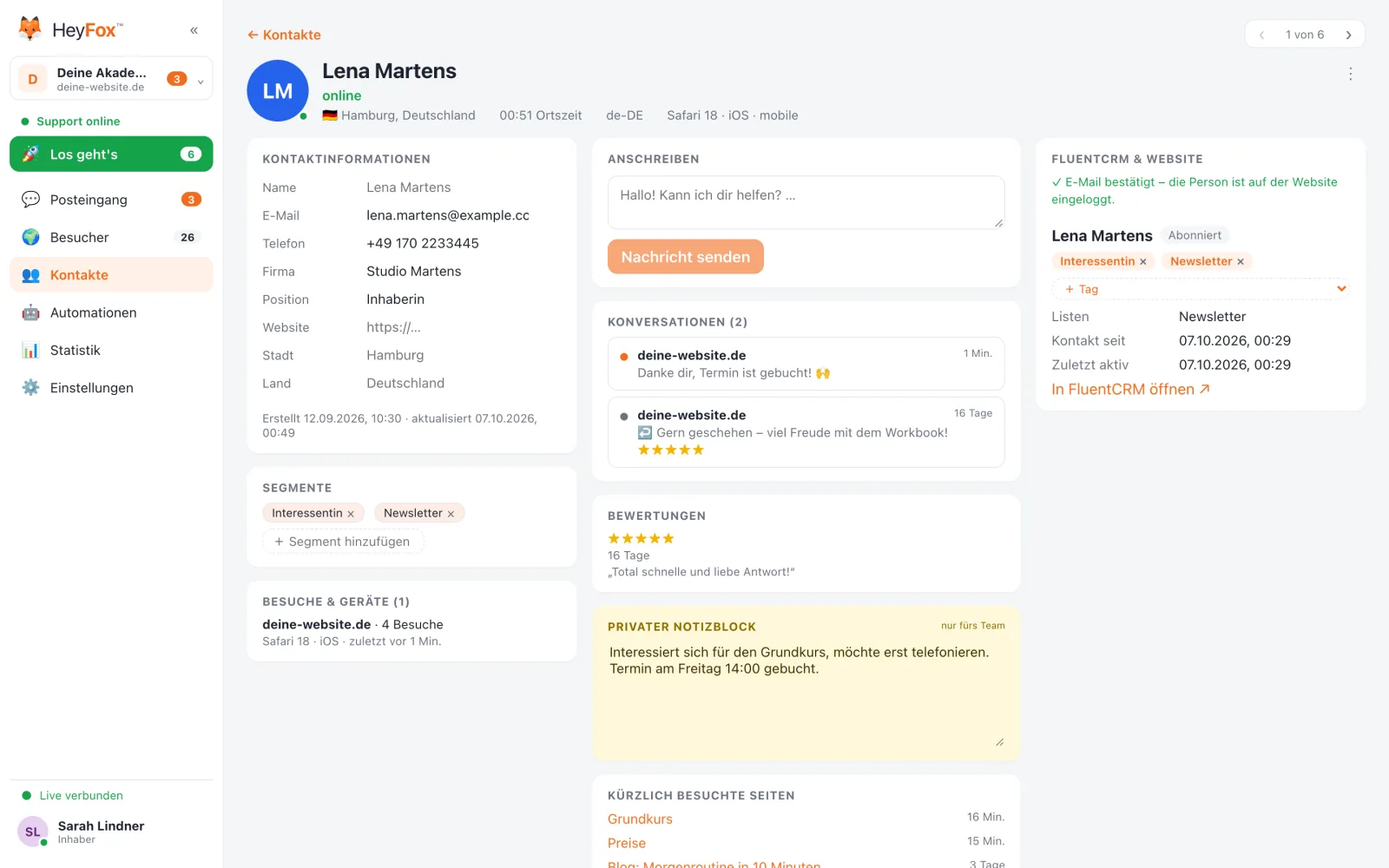 HeyFox: Kontaktprofil mit Gesprächen, Bewertungen und Notizblock