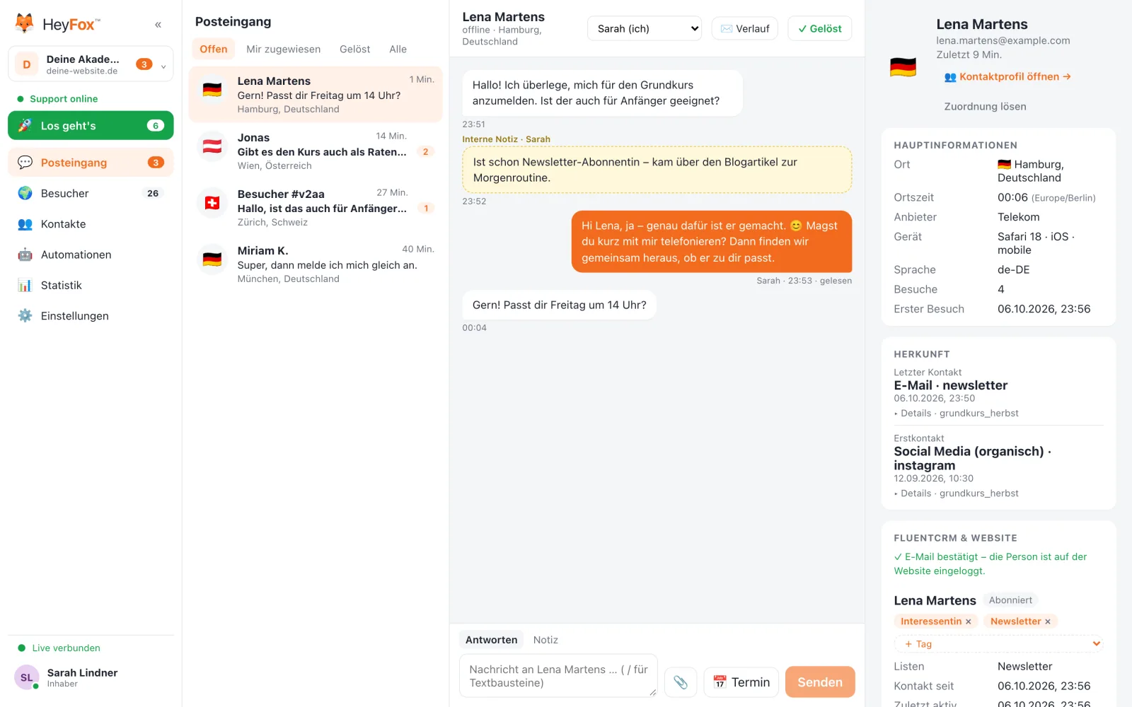 HeyFox: Der Posteingang: Gesprächsliste, Gespräch und Kontaktdaten