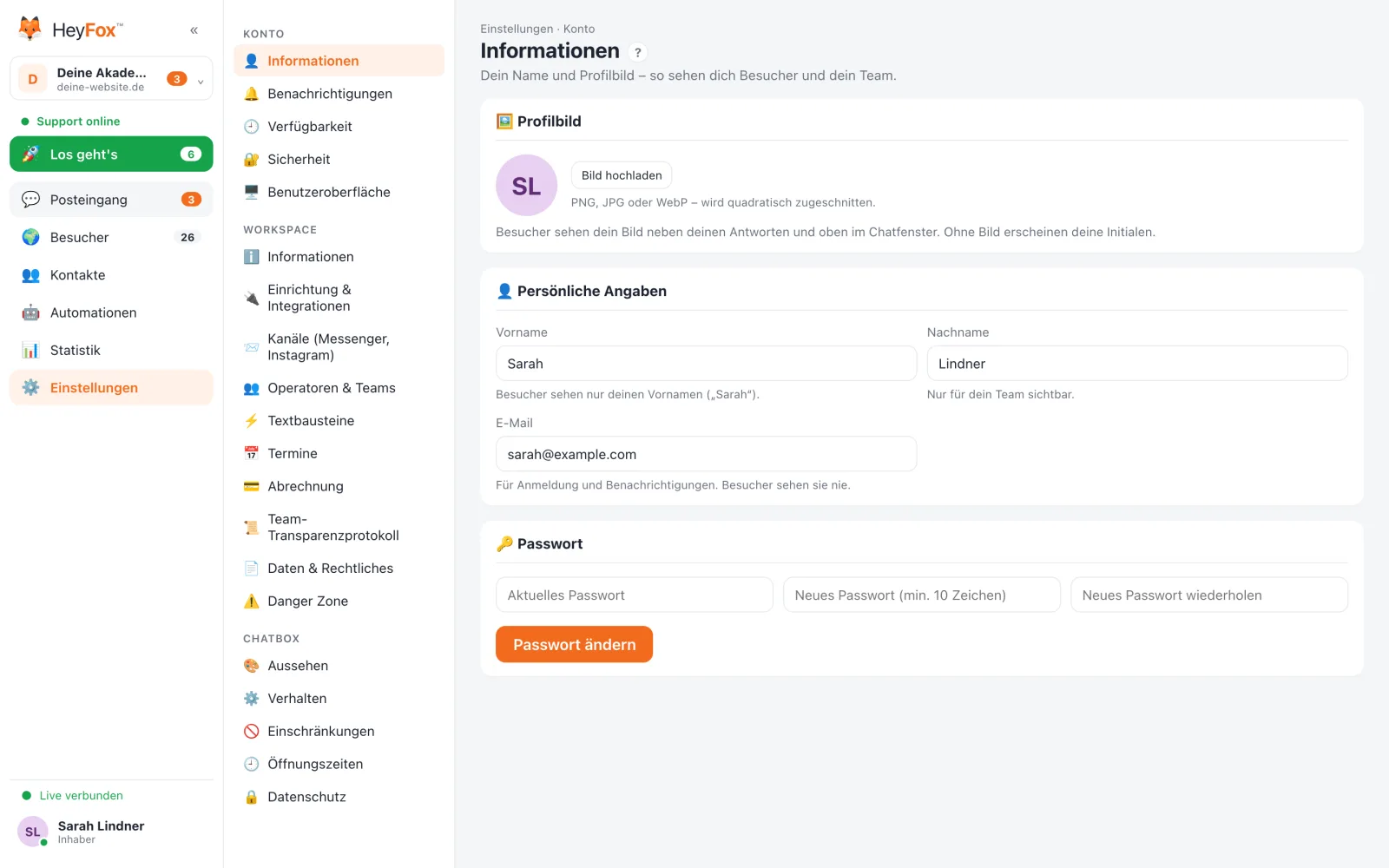 HeyFox: Konto-Informationen: Profilbild, Name und Passwort