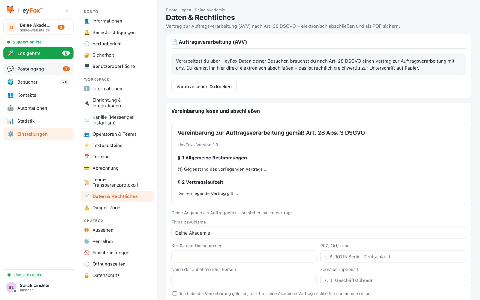 HeyFox: Daten & Rechtliches: AVV lesen und abschließen