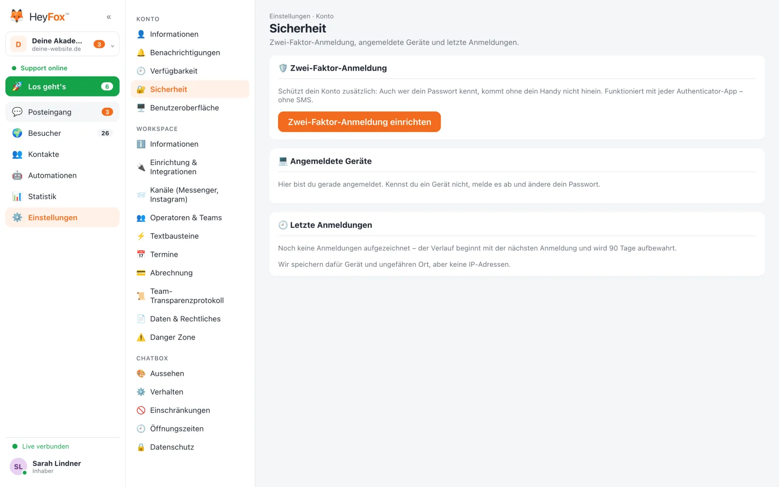 HeyFox: Sicherheit: Zwei-Faktor, Geräte, letzte Anmeldungen