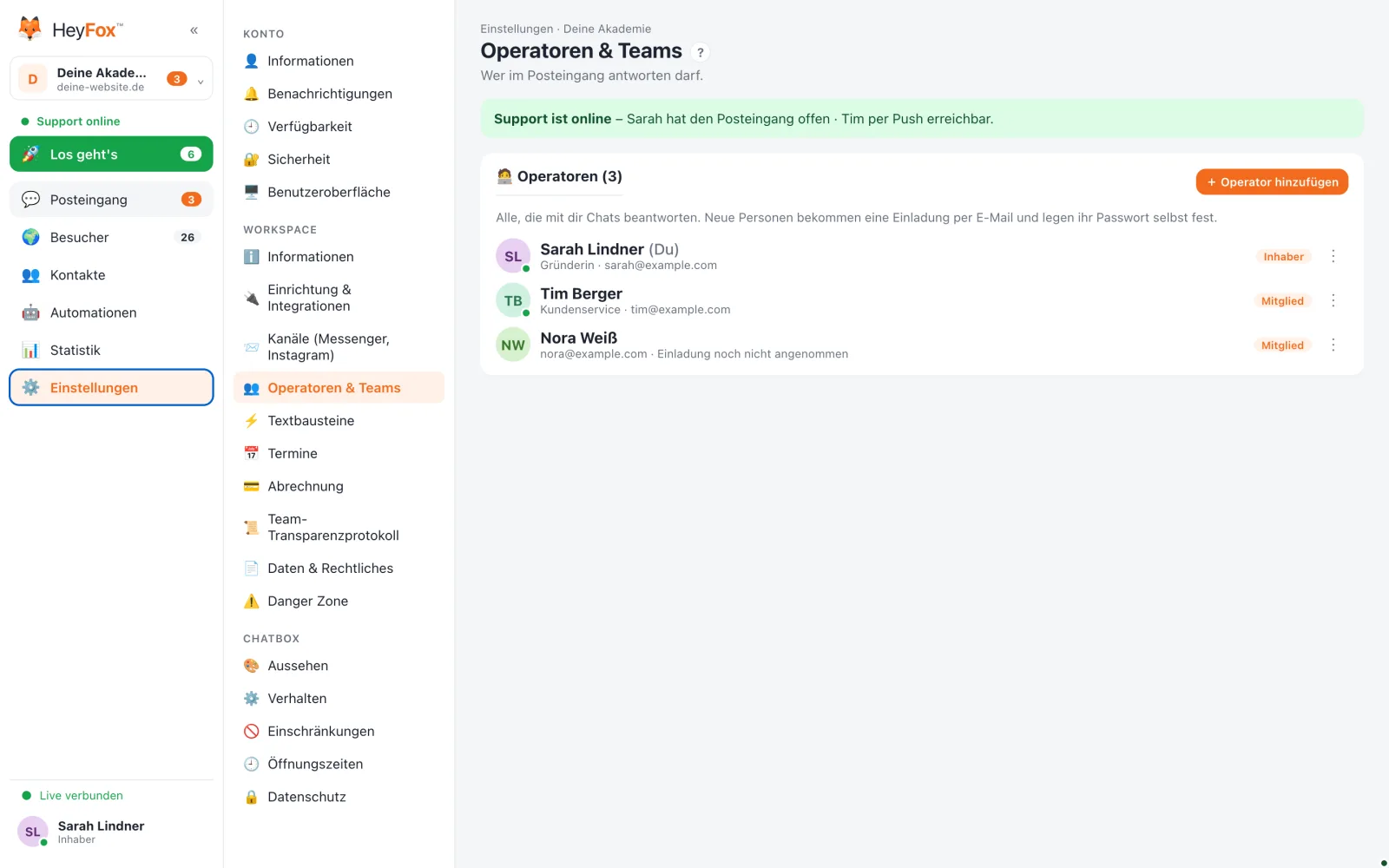 HeyFox: Operatoren & Teams