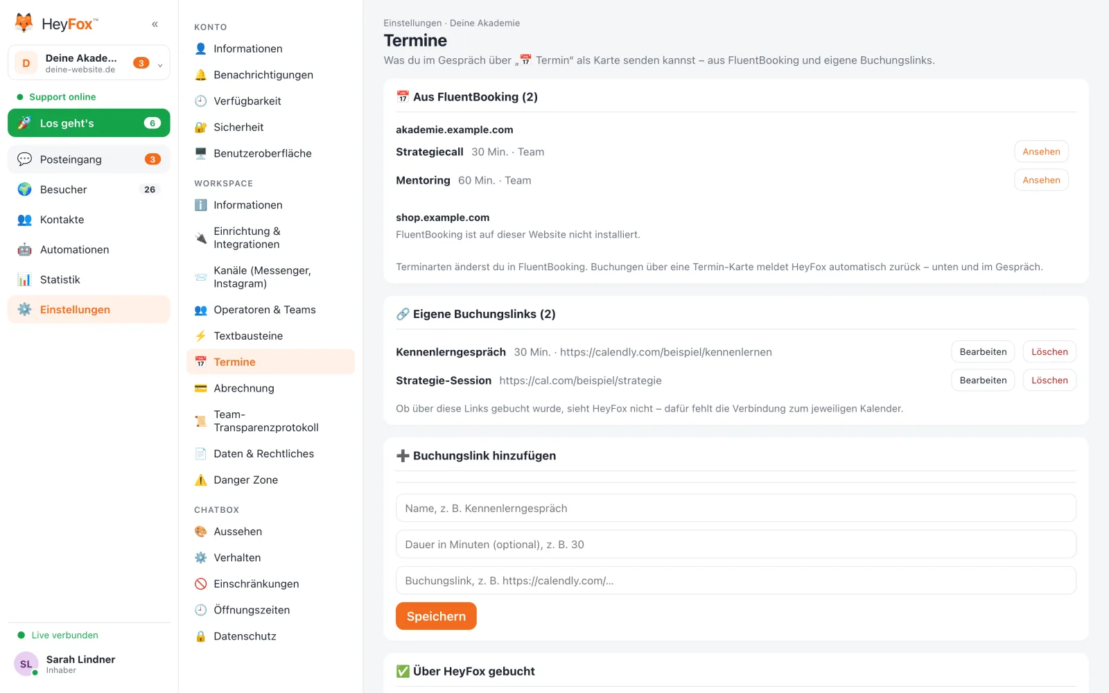 HeyFox: Termine: FluentBooking-Terminarten und eigene Buchungslinks