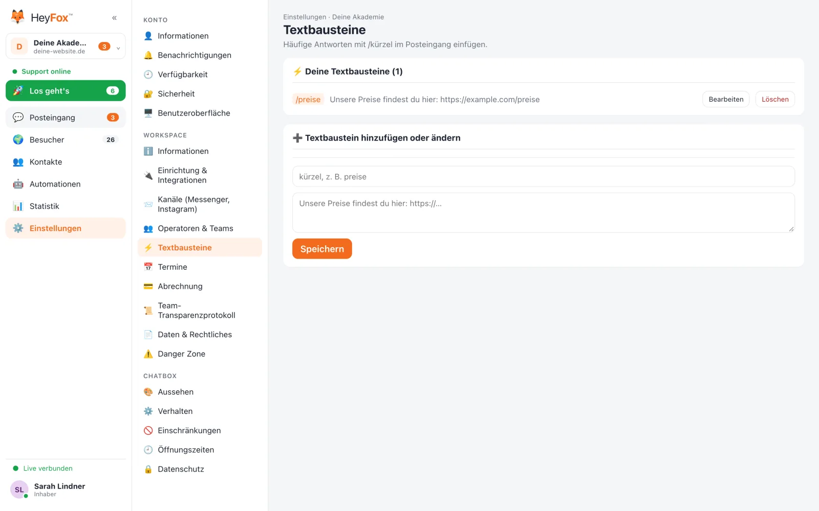HeyFox: Textbausteine anlegen und bearbeiten