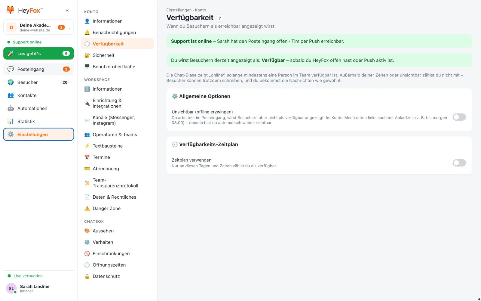 HeyFox: Verfügbarkeit: Support-Status, Unsichtbar und eigener Zeitplan