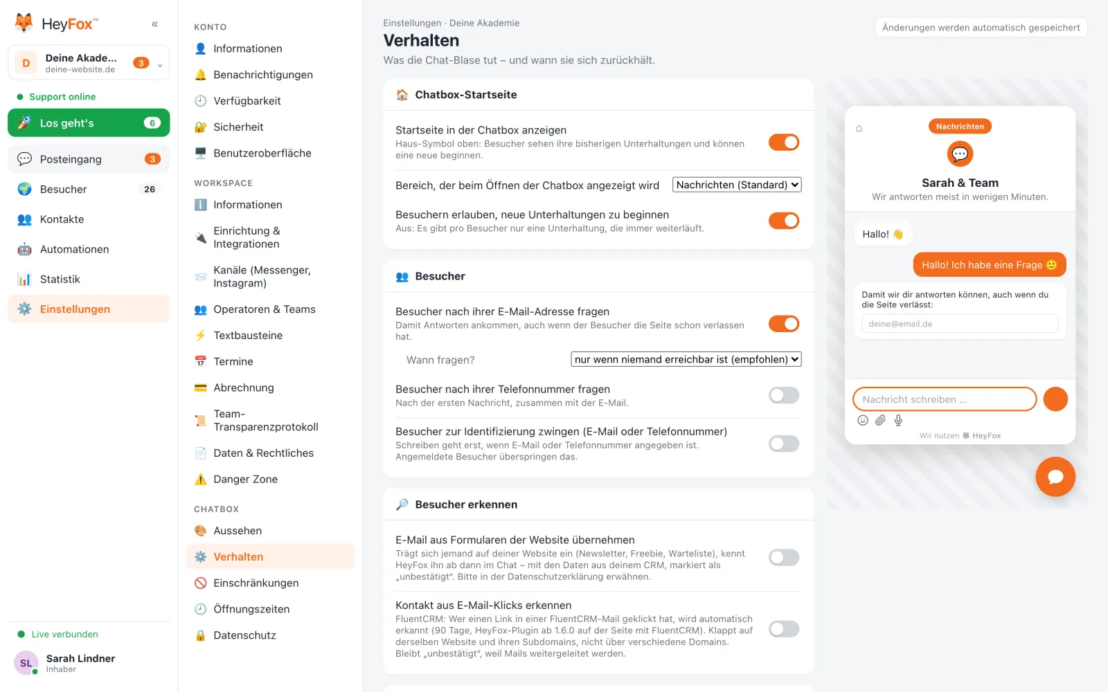 HeyFox: Verhalten mit Vorschau des Chatfensters