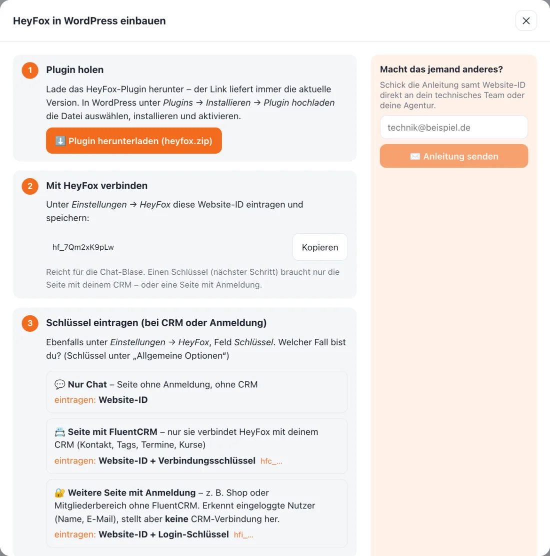HeyFox: Die Anleitung in HeyFox – mit deiner Website-ID schon eingesetzt
