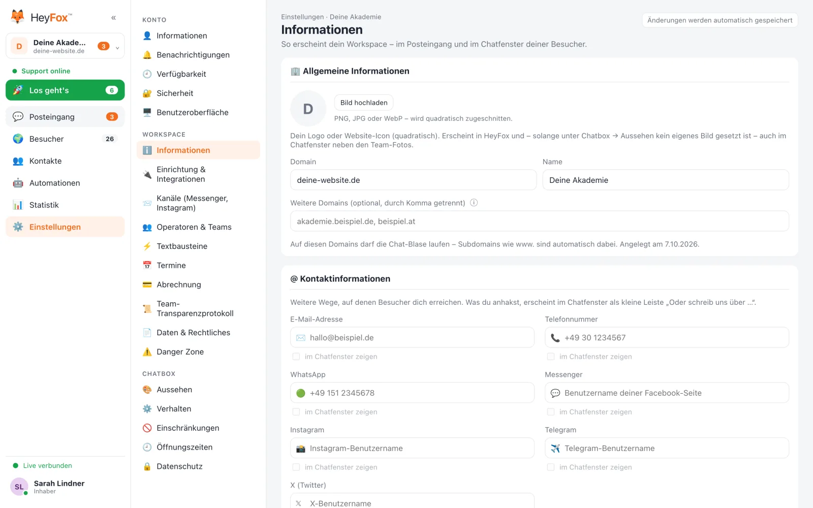 HeyFox: Workspace-Informationen: Logo, Domain, Name und Kontaktwege